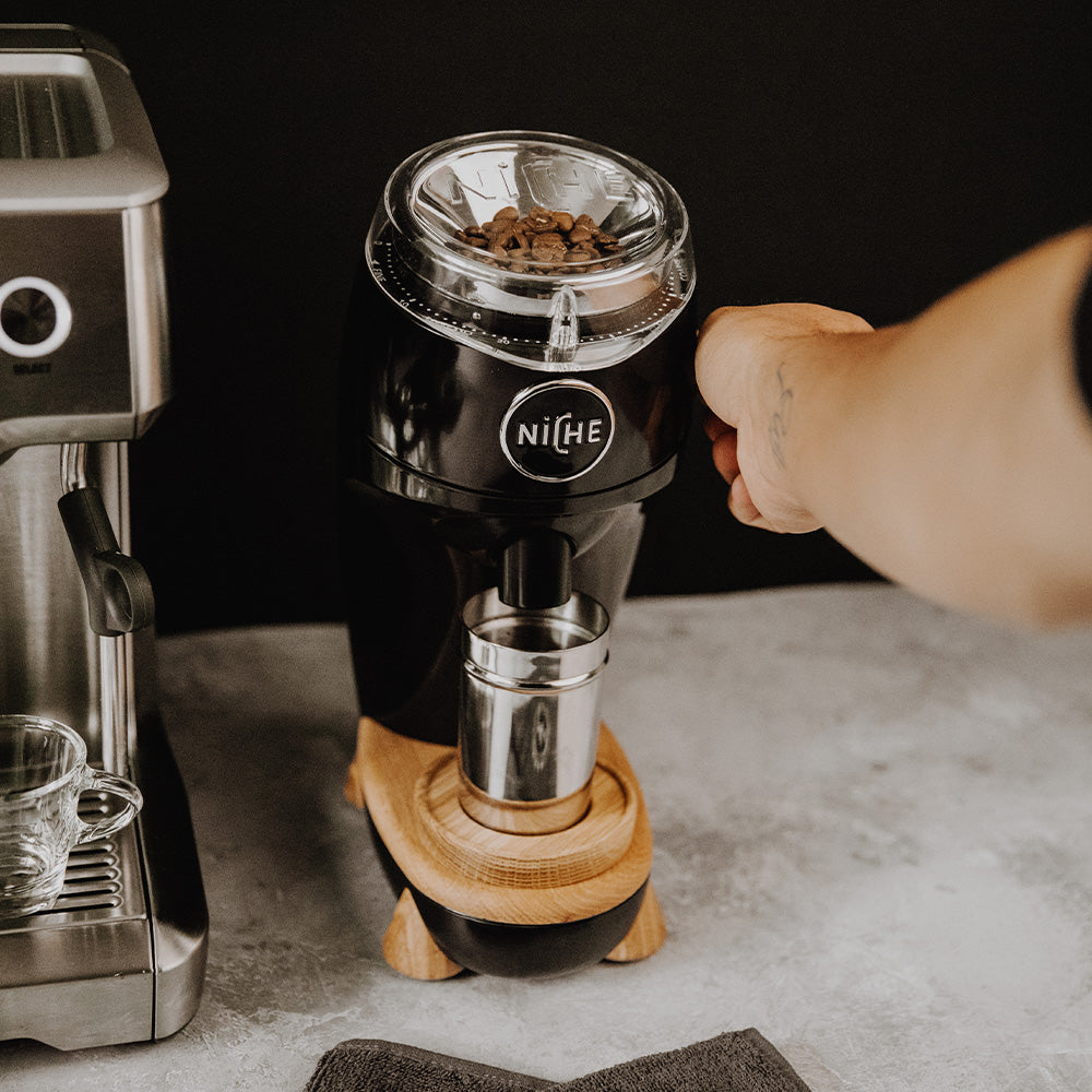 Black Niche Zero full of coffee beans being switched on