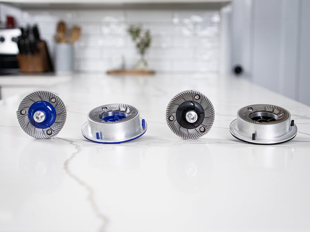 Niche Duo espresso and filter burrs on kitchen worktop