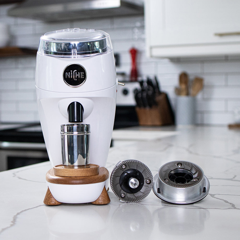 White Niche Duo next to 83mm mazzer flat espresso burrs