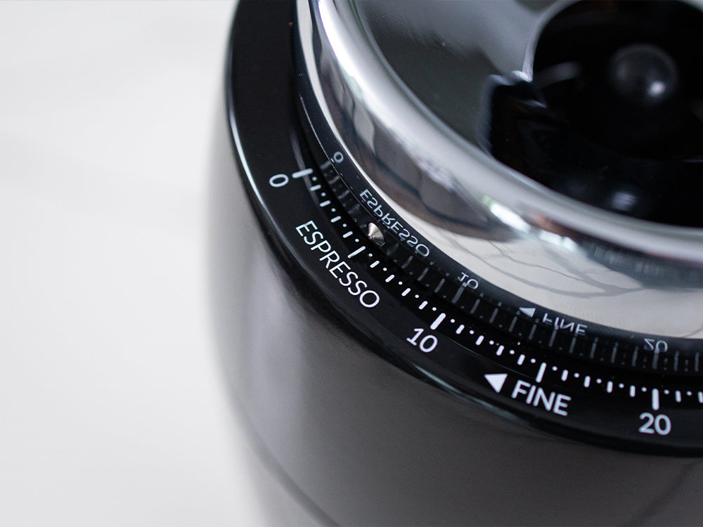Close up on dial of Black Niche Duo showing espresso and fine markings